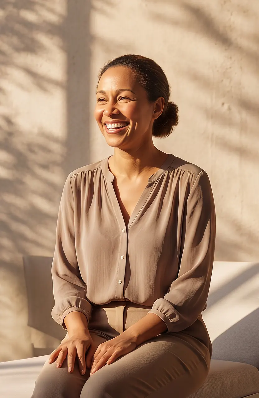 Paciente sentada, sorrindo, num consultório iluminado por luz natural